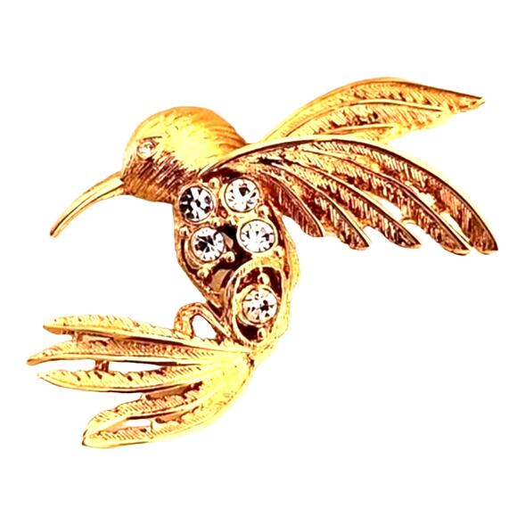 Napier Vintage Marked Hummingbird Pin Goldtone with Clear Rhinestones 2" x 1.5" - Picture 1 of 5